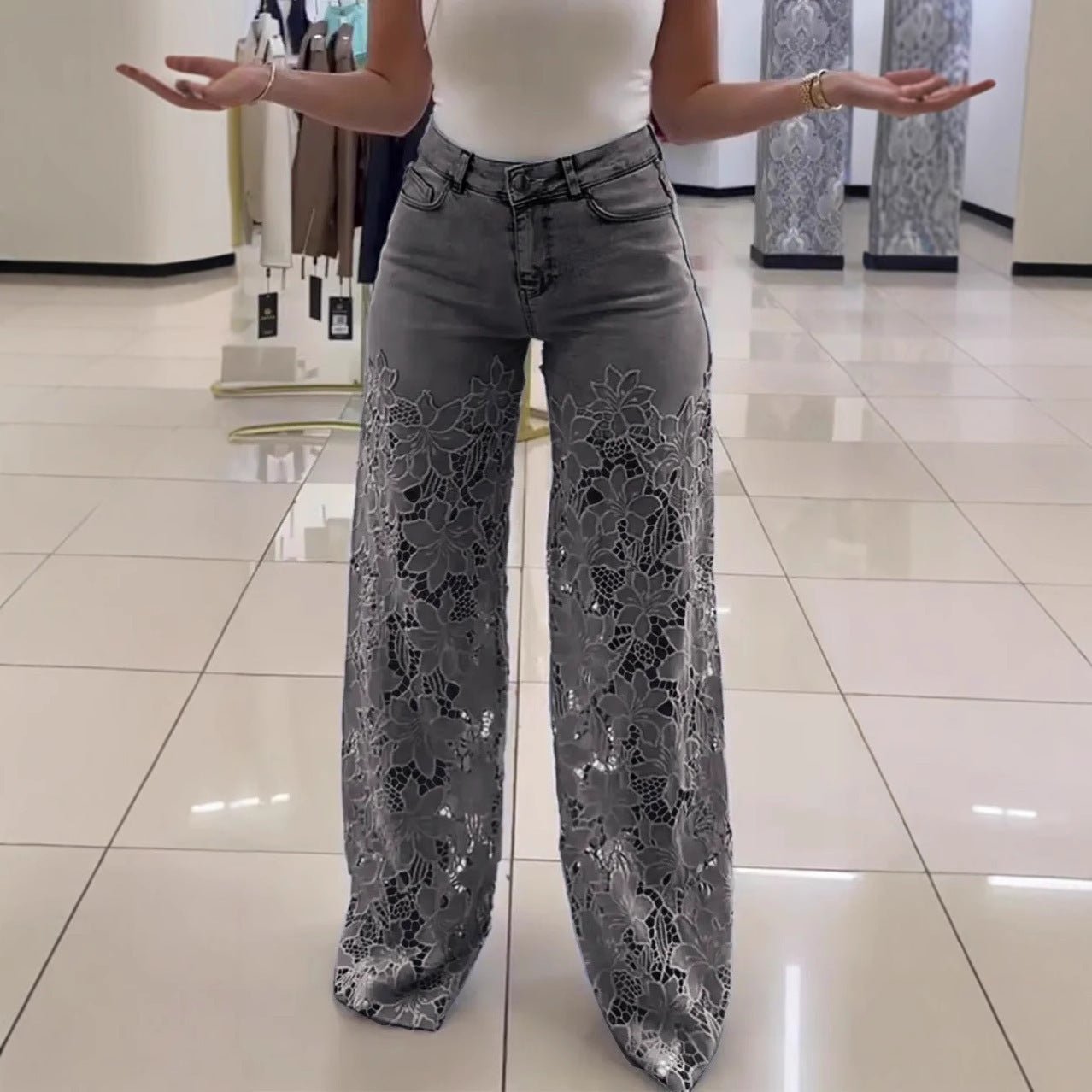 Y2K Lace Flowers Hollow Jeans Fashion High Waist Straight Wide Leg Pants Solid Color Trousers Women's Clothing - Vivalux