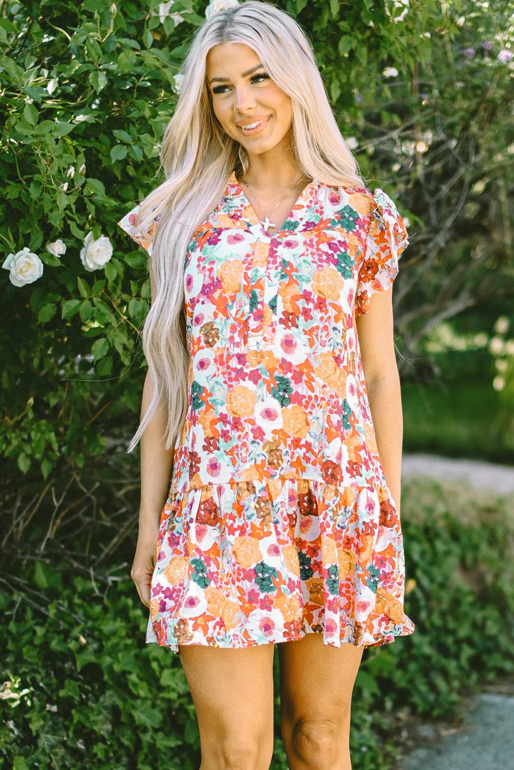 August Floral Print Split Neck Flutter Sleeve Dress - Vivalux