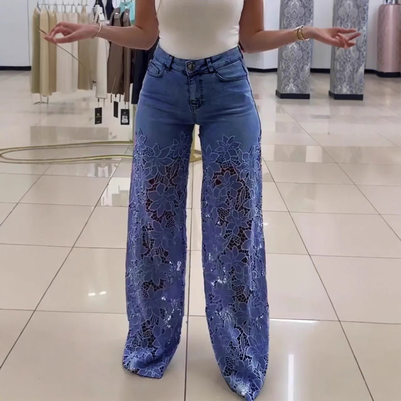 Y2K Lace Flowers Hollow Jeans Fashion High Waist Straight Wide Leg Pants Solid Color Trousers Women's Clothing - Vivalux