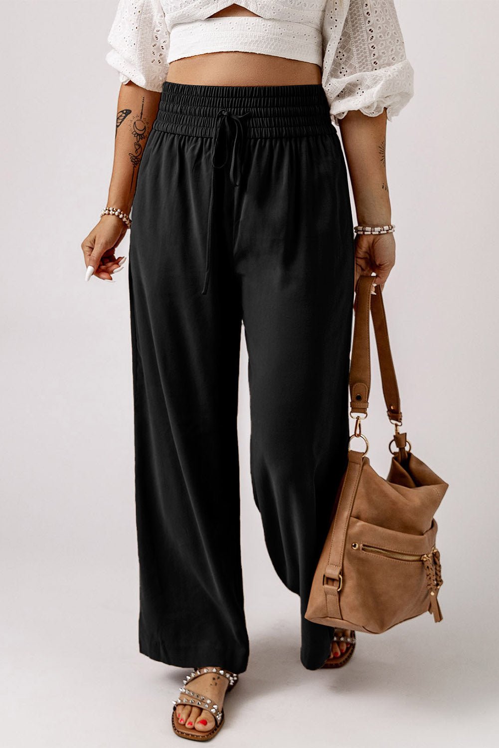 Kenzie Drawstring Elastic Waist Casual Wide Leg Pants - Vivalux