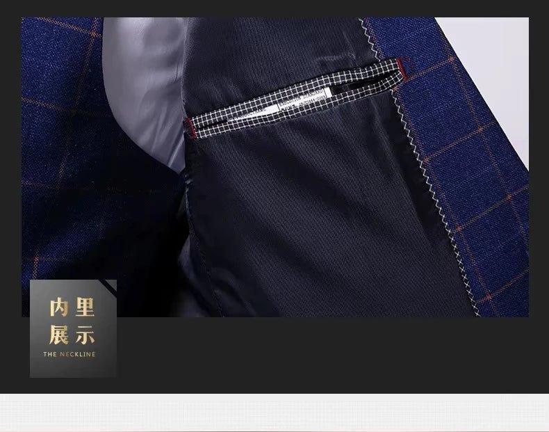 Men Plaid Suits 3 Pieces Blazer Vest Pants Set Formal Wedding Business Wear Suits for Men - Vivalux