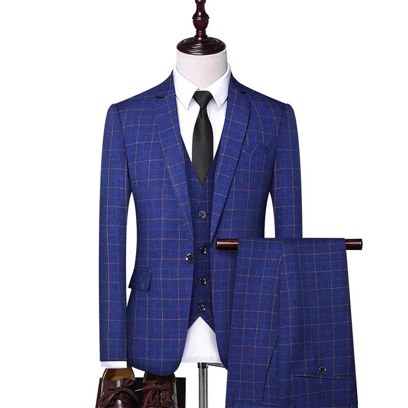 Men Plaid Suits 3 Pieces Blazer Vest Pants Set Formal Wedding Business Wear Suits for Men - Vivalux