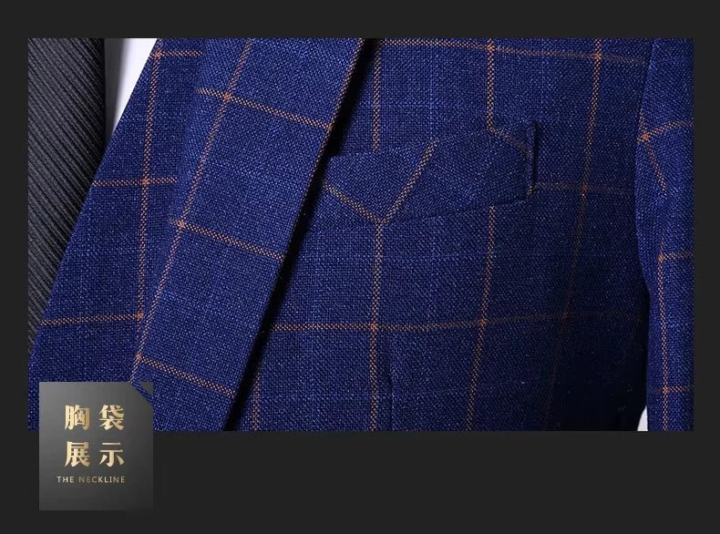 Men Plaid Suits 3 Pieces Blazer Vest Pants Set Formal Wedding Business Wear Suits for Men - Vivalux