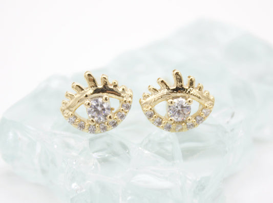 18K Gold Filled Evil Eye Stud Earrings With Clear CZ Stones (L76)-0