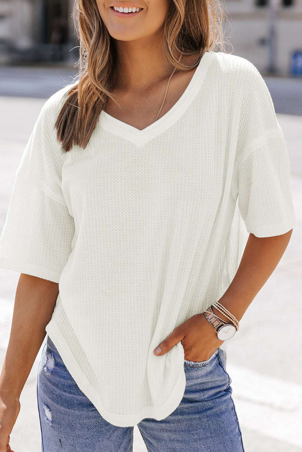 Jennifer Waffle Knit Drop Shoulder Loose Top - Vivalux