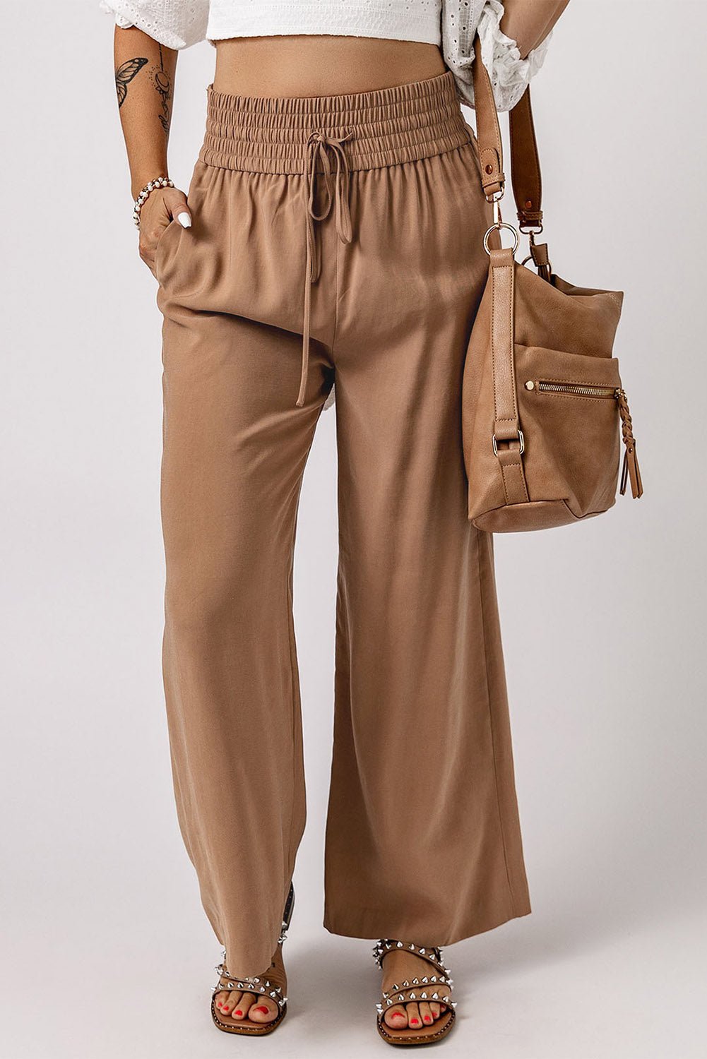 Kenzie Drawstring Elastic Waist Casual Wide Leg Pants - Vivalux