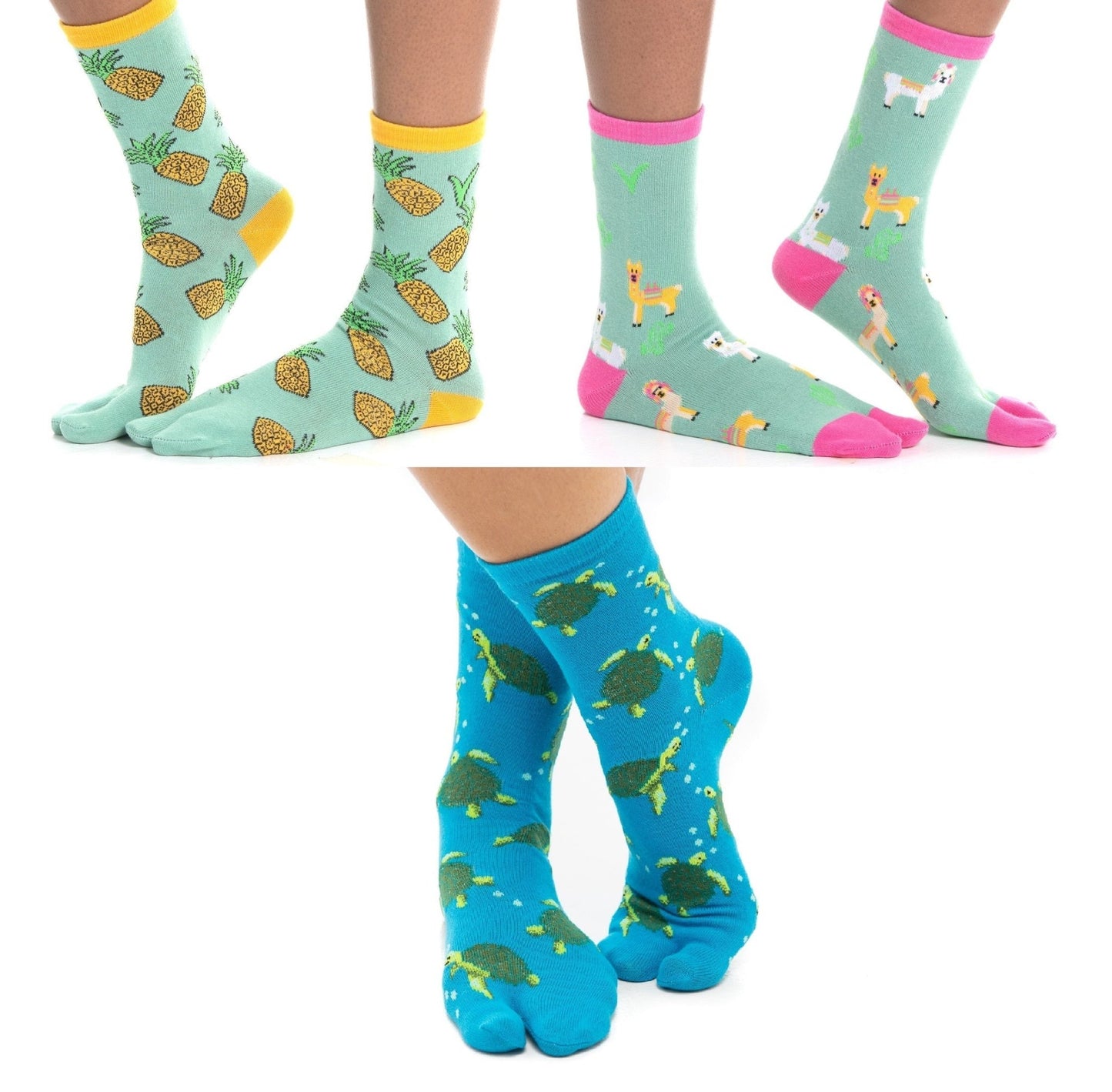 3 Pairs V - Toe Split - Toe Tabi Flip Flop Socks Pineapple, Llama Green, Turtle - Vivalux