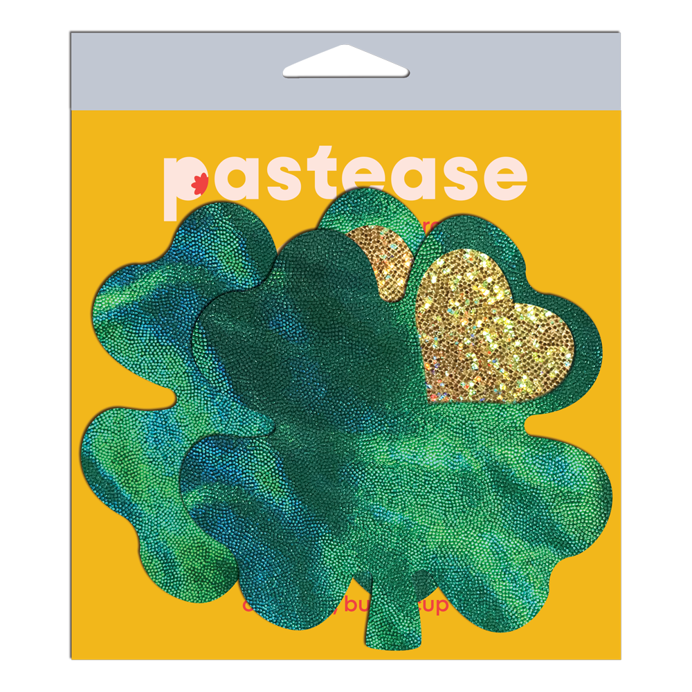 5-Pack: Coverage: Clover Green Holographic with Glitter Gold Heart Breast Coverings by Pastease-4