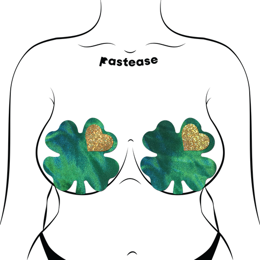 5-Pack: Coverage: Clover Green Holographic with Glitter Gold Heart Breast Coverings by Pastease-1