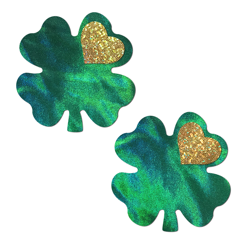 5-Pack: Coverage: Clover Green Holographic with Glitter Gold Heart Breast Coverings by Pastease-0
