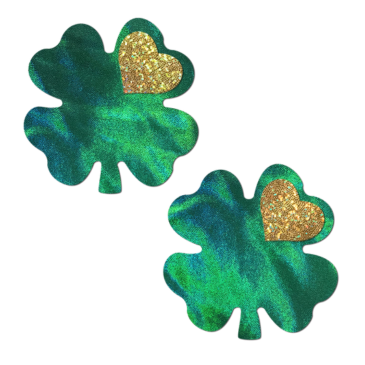5-Pack: Coverage: Clover Green Holographic with Glitter Gold Heart Breast Coverings by Pastease-0