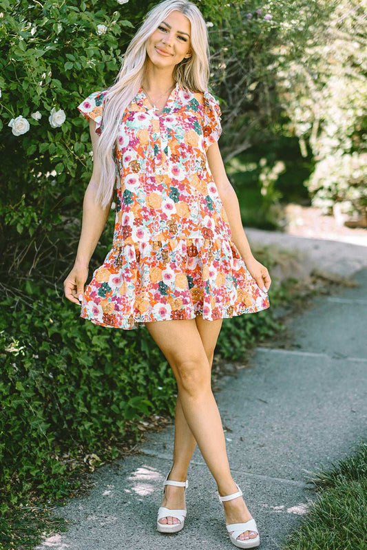 August Floral Print Split Neck Flutter Sleeve Dress - Vivalux