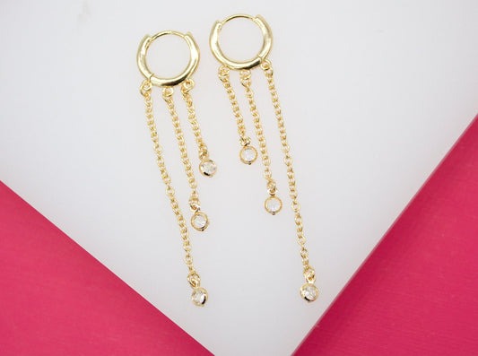 Gold Filled Long Dangle CZ Stone Huggie Earrings (L71)-0