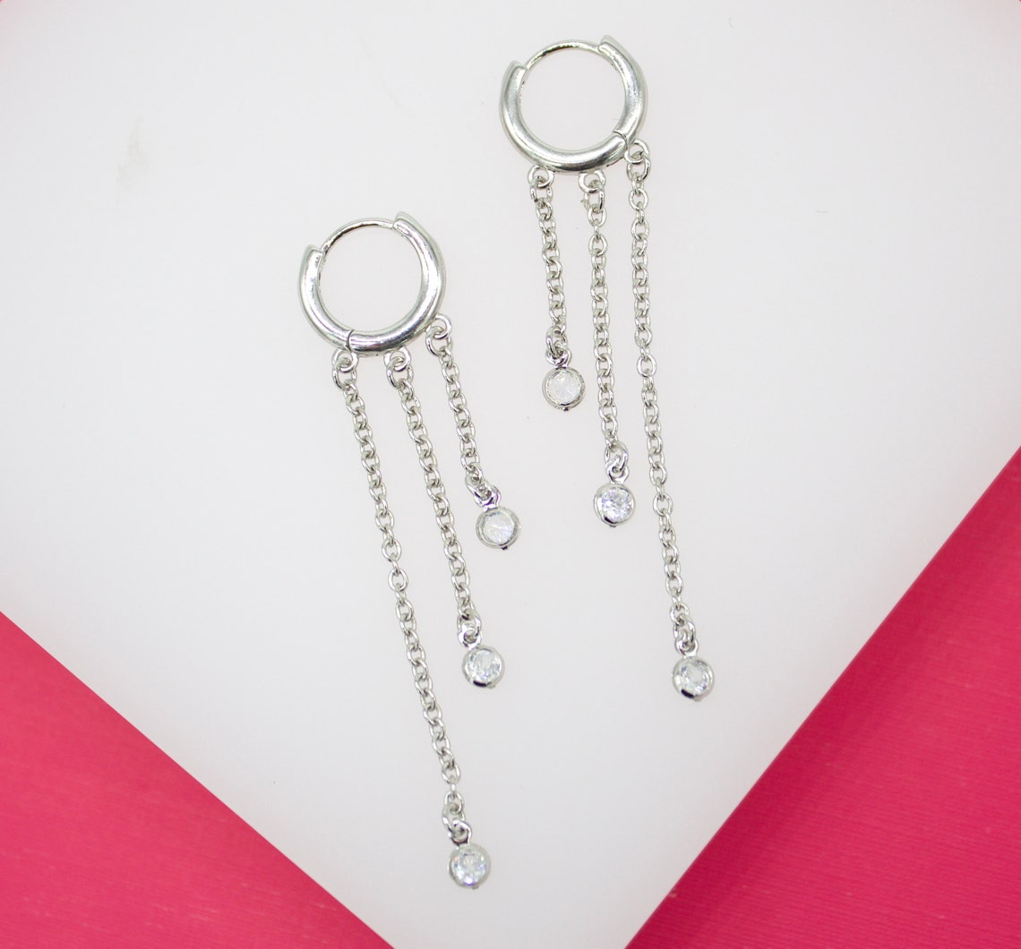 Gold Filled Long Dangle CZ Stone Huggie Earrings (L71)-1