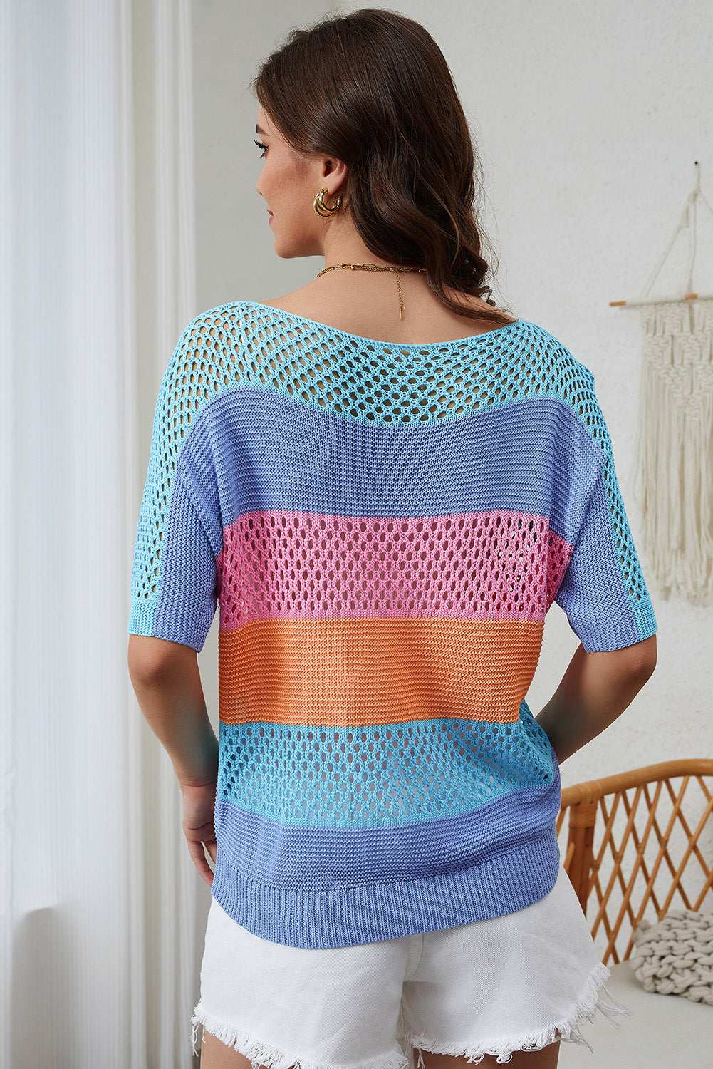 April Knitted Eyelet Colorblock Striped Half Sleeves Top - Vivalux