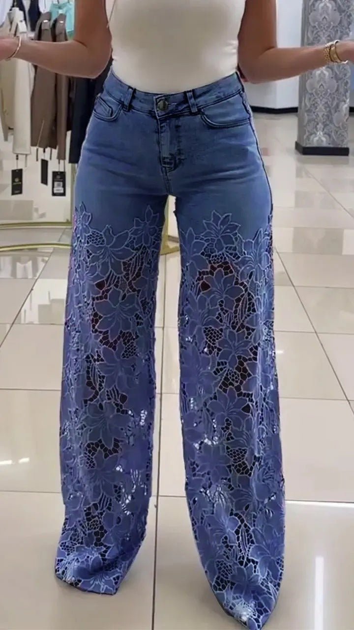 Y2K Lace Flowers Hollow Jeans Fashion High Waist Straight Wide Leg Pants Solid Color Trousers Women's Clothing - Vivalux