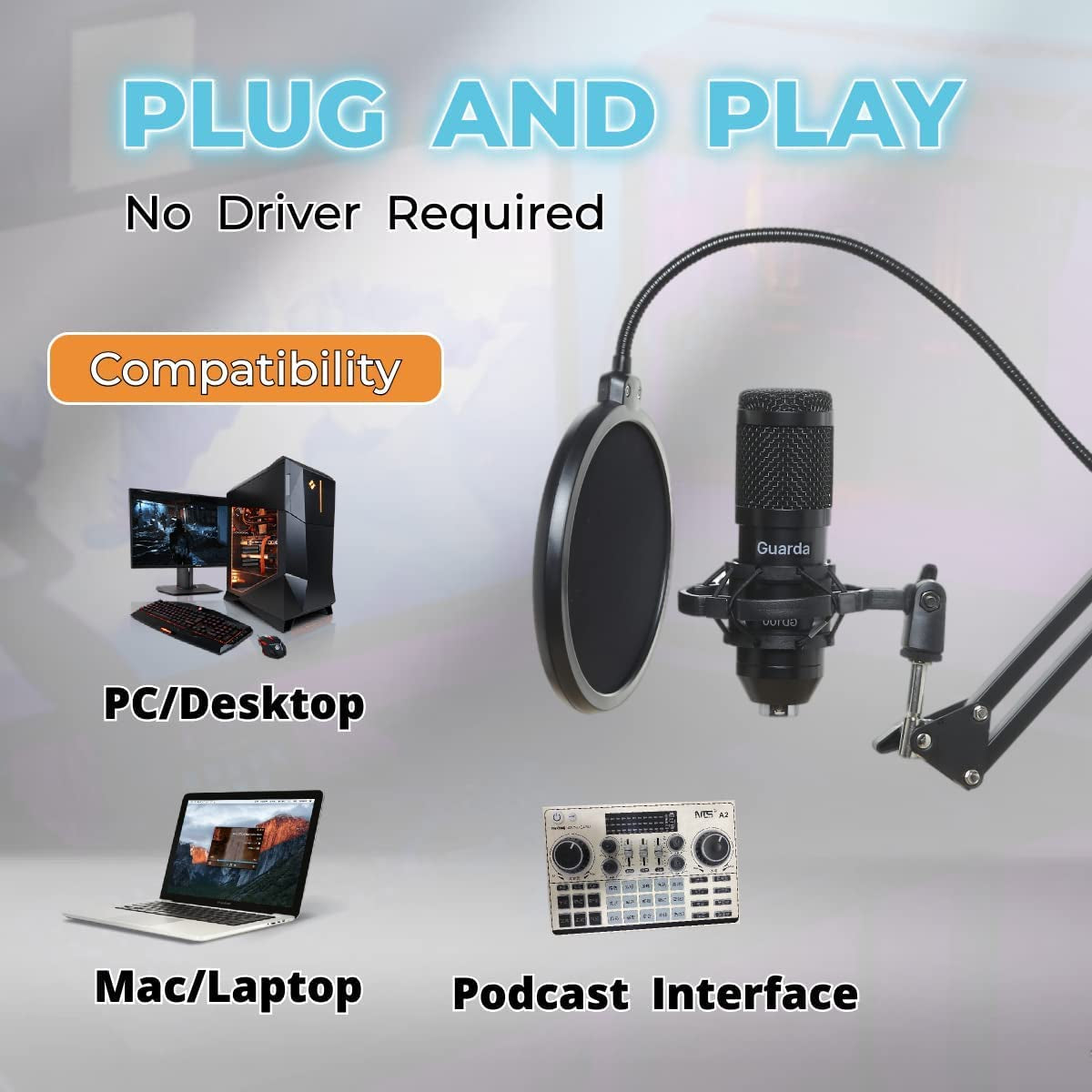 Studio Condenser USB Microphone Kit with Adjustable Scissor Arm Stand and Shock Mount for PC Recording, Podcasting, YouTube, Karaoke, Gaming, and Teaching - Guarda GD100