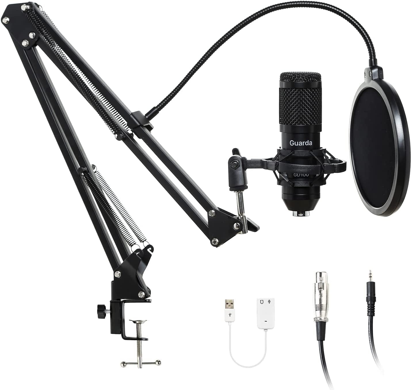 Studio Condenser USB Microphone Kit with Adjustable Scissor Arm Stand and Shock Mount for PC Recording, Podcasting, YouTube, Karaoke, Gaming, and Teaching - Guarda GD100