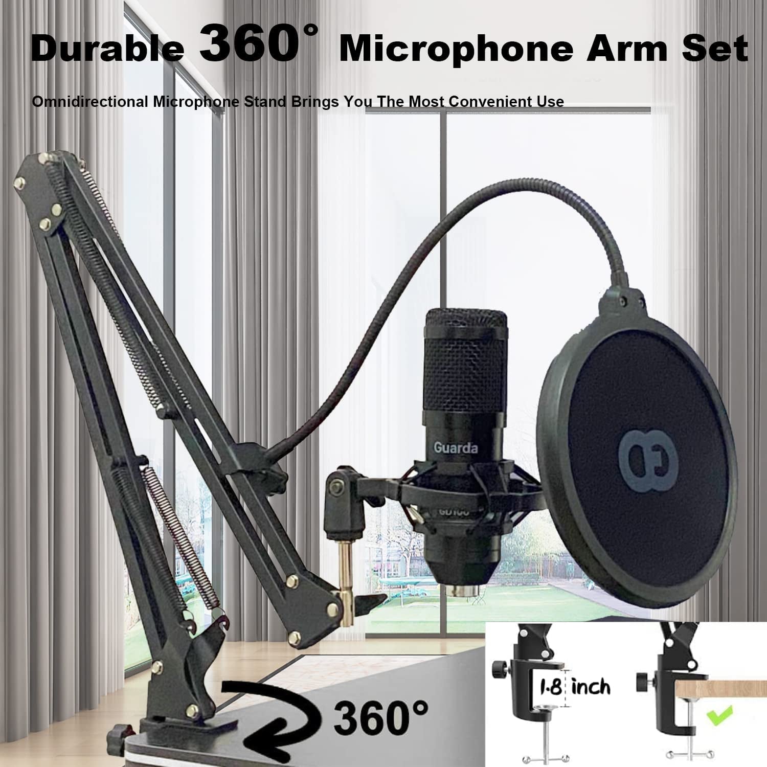 Studio Condenser USB Microphone Kit with Adjustable Scissor Arm Stand and Shock Mount for PC Recording, Podcasting, YouTube, Karaoke, Gaming, and Teaching - Guarda GD100