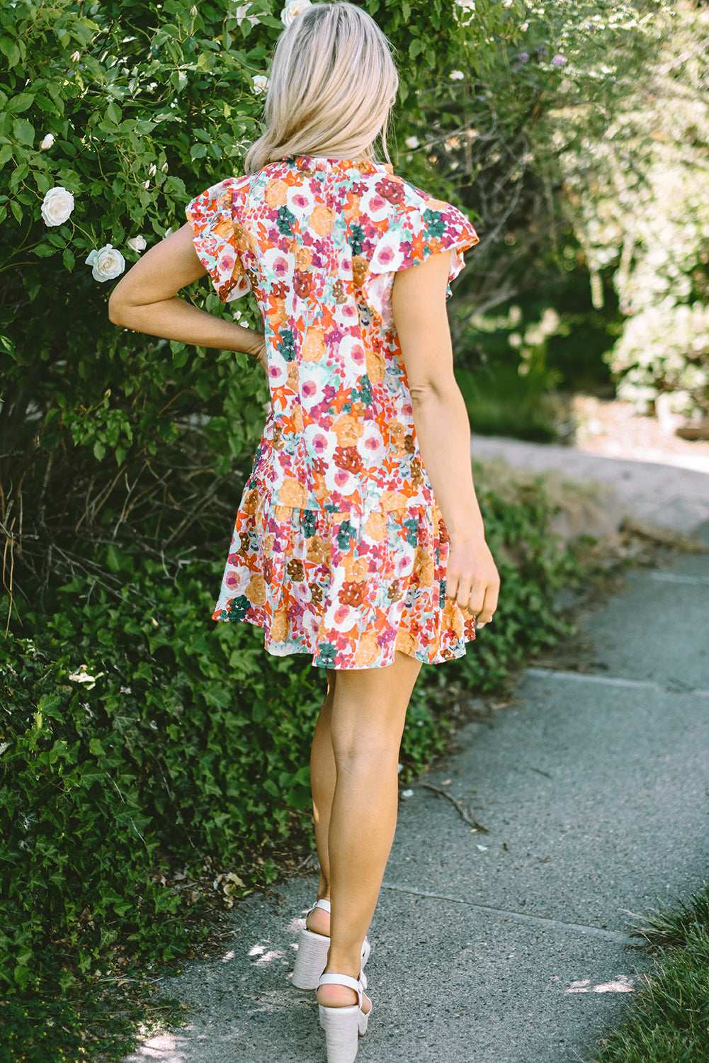 August Floral Print Split Neck Flutter Sleeve Dress - Vivalux