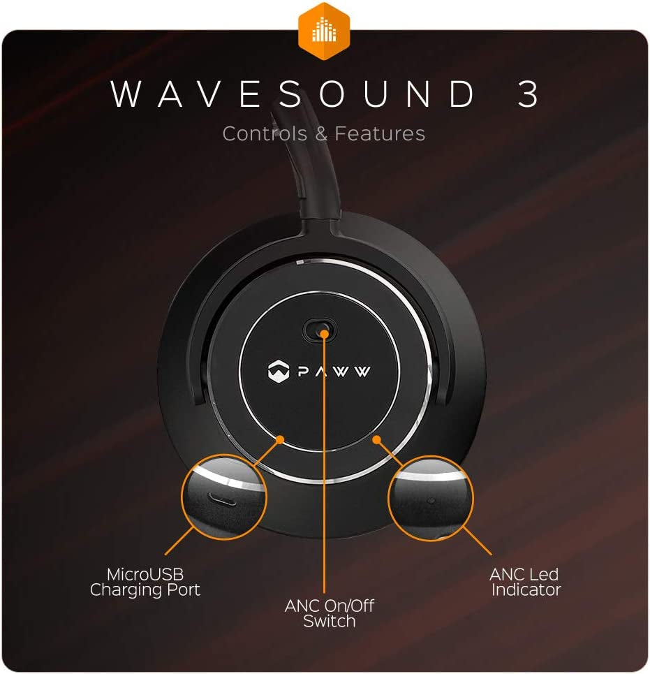 Paww Wavesound 3 Bluetooth 5.0 Active Noise Cancelling Headphones with 16-Hour Battery Life and Precision-Engineered Sound, Foldable Design for Travel, Over-Ear Style (Black)