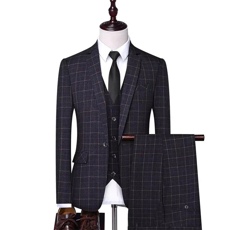 Men Plaid Suits 3 Pieces Blazer Vest Pants Set Formal Wedding Business Wear Suits for Men - Vivalux