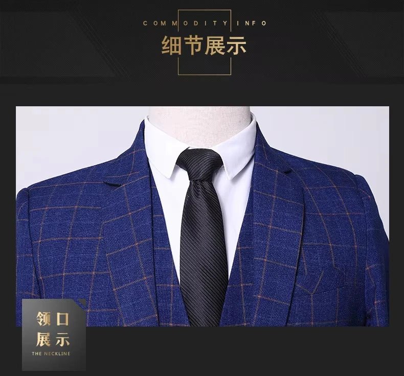 Men Plaid Suits 3 Pieces Blazer Vest Pants Set Formal Wedding Business Wear Suits for Men - Vivalux