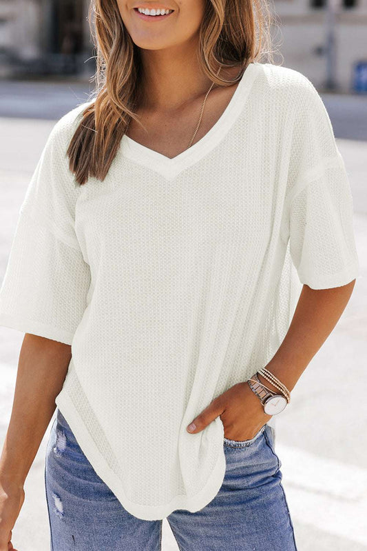 Jennifer Waffle Knit Drop Shoulder Loose Top - Vivalux