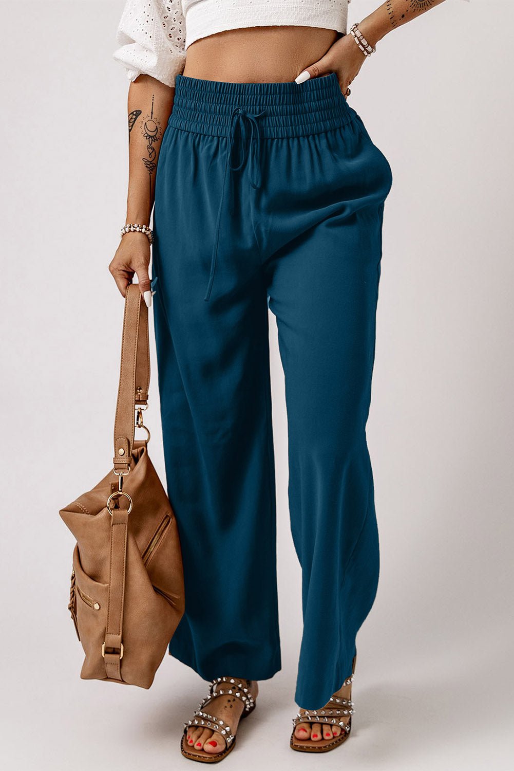 Kenzie Drawstring Elastic Waist Casual Wide Leg Pants - Vivalux
