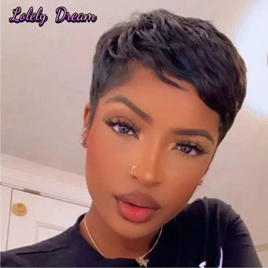100% Brazilian Human Hair wigs Full Machine made wig Short Human Hair Wigs Pixie Cut Straight Short Bob Wig for Black Women - The Jump Off