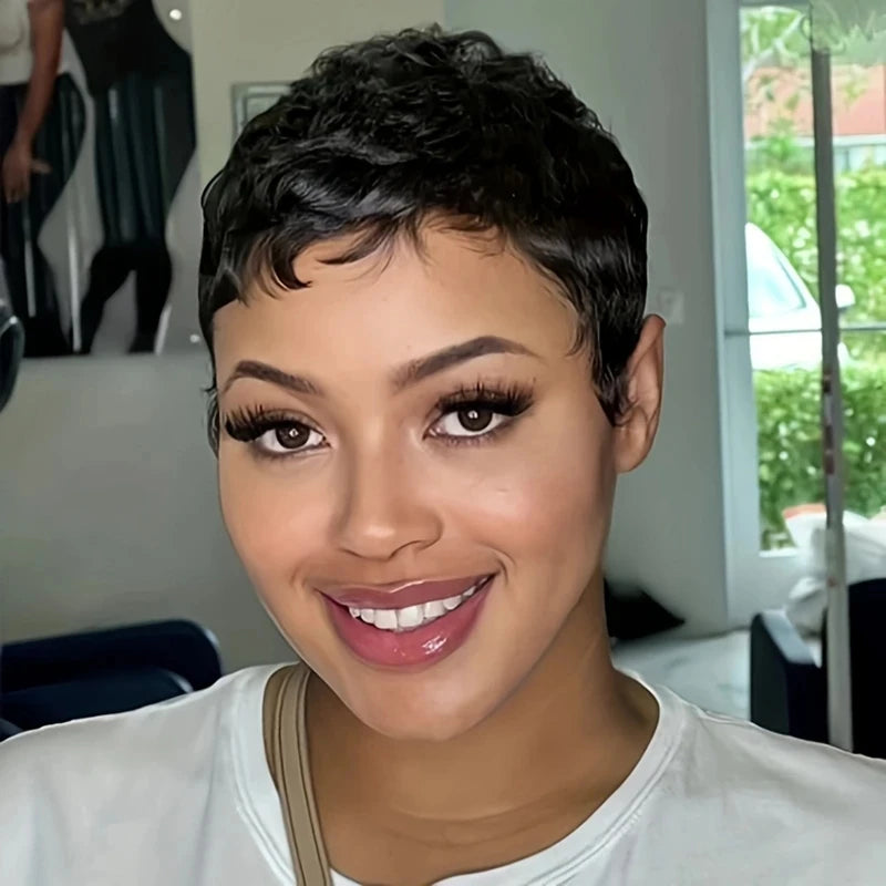 100% Brazilian Human Hair wigs Full Machine made wig Short Human Hair Wigs Pixie Cut Straight Short Bob Wig for Black Women - The Jump Off