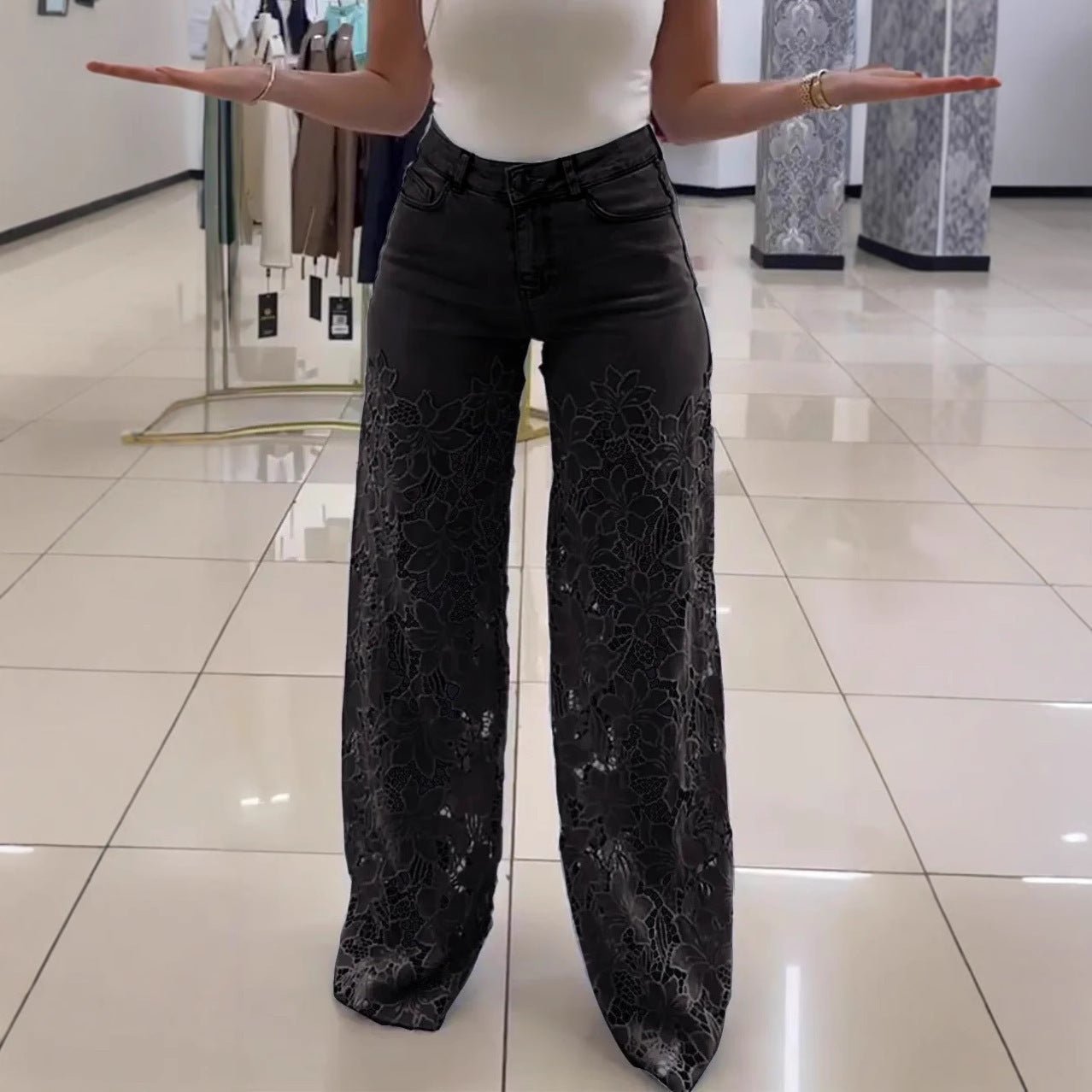 Y2K Lace Flowers Hollow Jeans Fashion High Waist Straight Wide Leg Pants Solid Color Trousers Women's Clothing - Vivalux