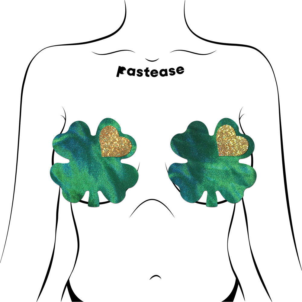 5-Pack: Coverage: Clover Green Holographic with Glitter Gold Heart Breast Coverings by Pastease-2