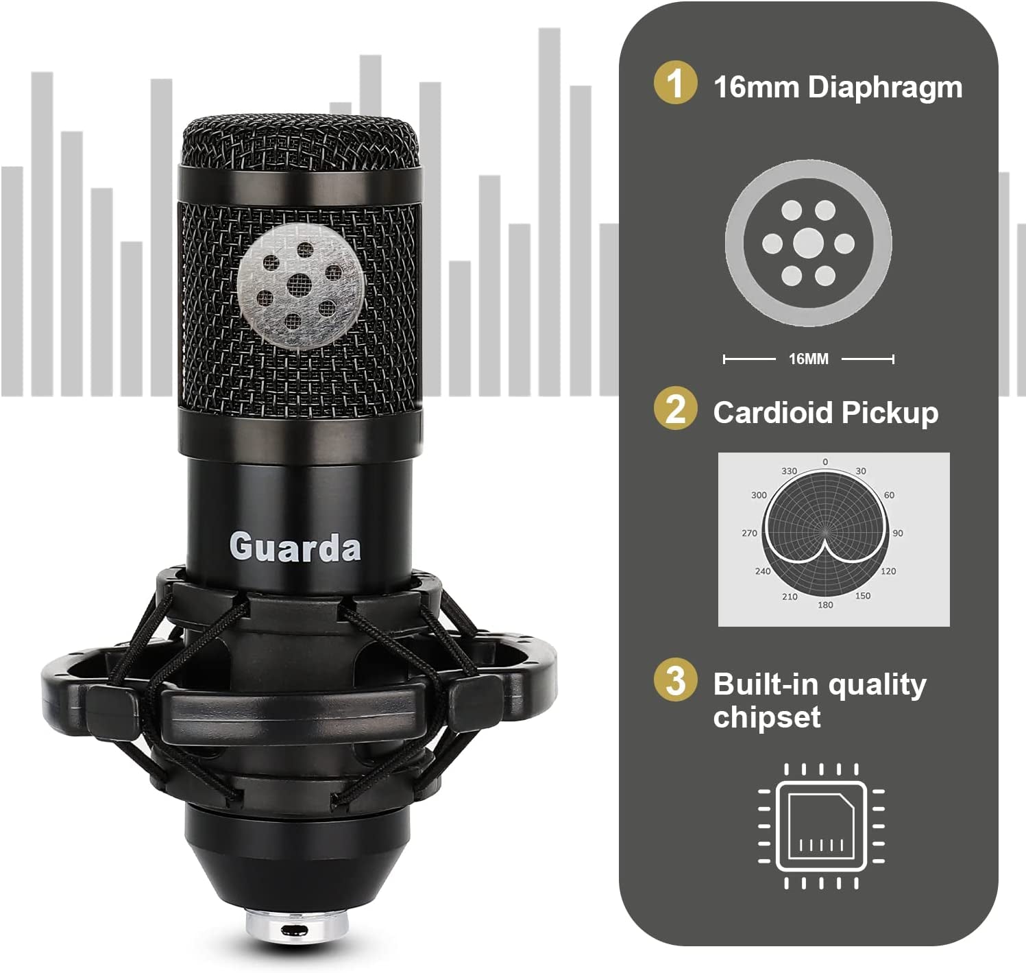 Studio Condenser USB Microphone Kit with Adjustable Scissor Arm Stand and Shock Mount for PC Recording, Podcasting, YouTube, Karaoke, Gaming, and Teaching - Guarda GD100