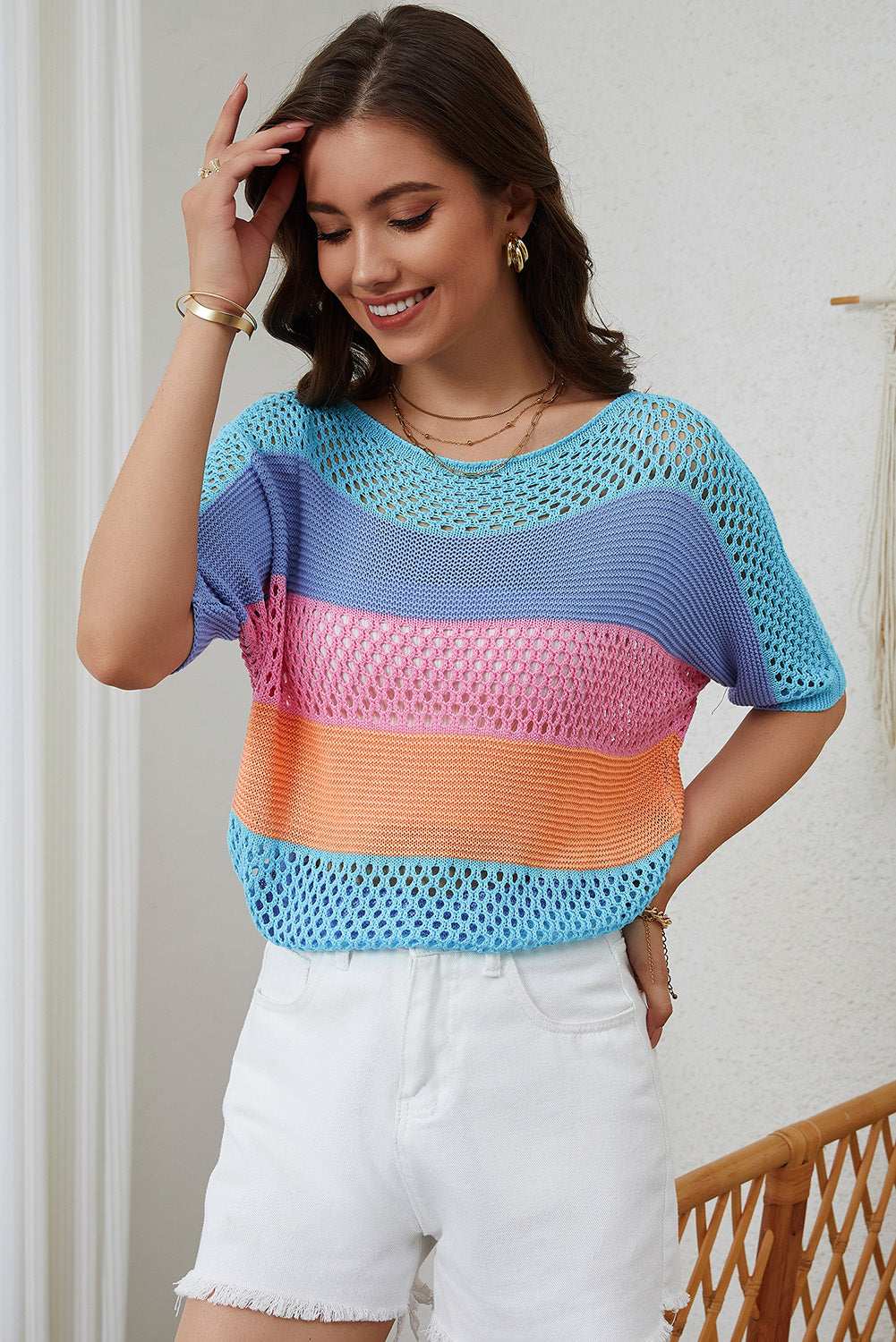 April Knitted Eyelet Colorblock Striped Half Sleeves Top - Vivalux