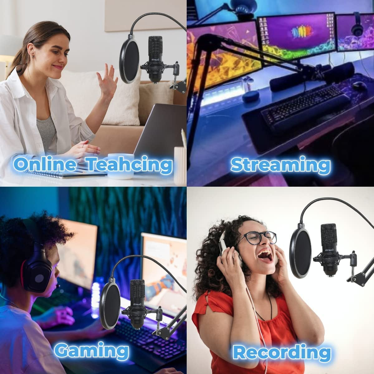 Studio Condenser USB Microphone Kit with Adjustable Scissor Arm Stand and Shock Mount for PC Recording, Podcasting, YouTube, Karaoke, Gaming, and Teaching - Guarda GD100