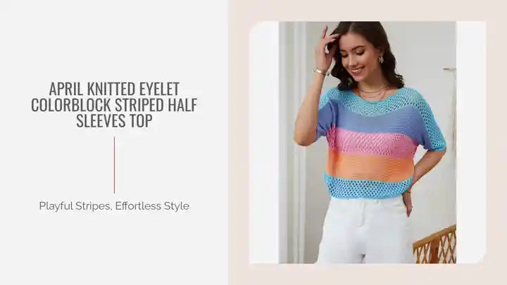 April Knitted Eyelet Colorblock Striped Half Sleeves Top by@Outfy